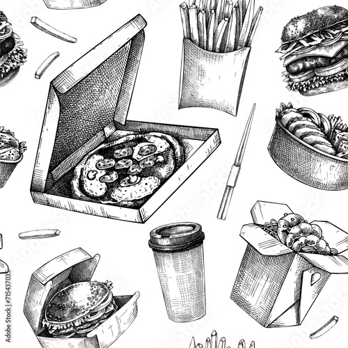 Fast food seamless pattern. Hand-drawn vector illustration. Burger, pizza, poke, sushi, coffee sketches. Takeaway food and restaurant delivery background. Engraved style