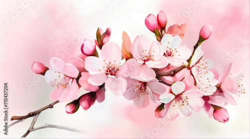 blossoming branch of a cherry apple tree, spring background of a pleasant peach color, copy space, place for text, gentle minimalistic