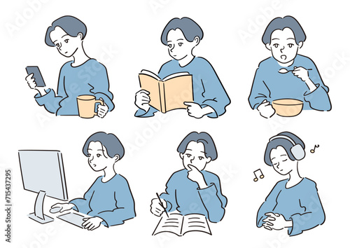 人物のイラスト素材セット。仕事や暮らしをテーマにした挿絵。働く、休む、勉強する、食べるなど。