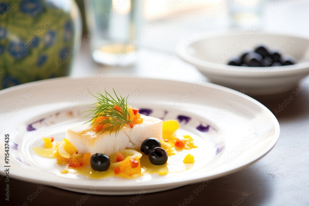 served plate of cod with lemon wheels and olives served plate of cod with lemon wheels and olives
