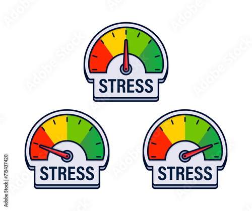 Set of Stress Level Indicators Vector Illustration with Color Coded Emotional State Gauges