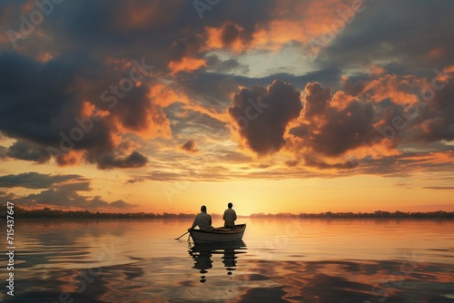 Distant view of father and son in boat on lake against cloudy sky during sunset