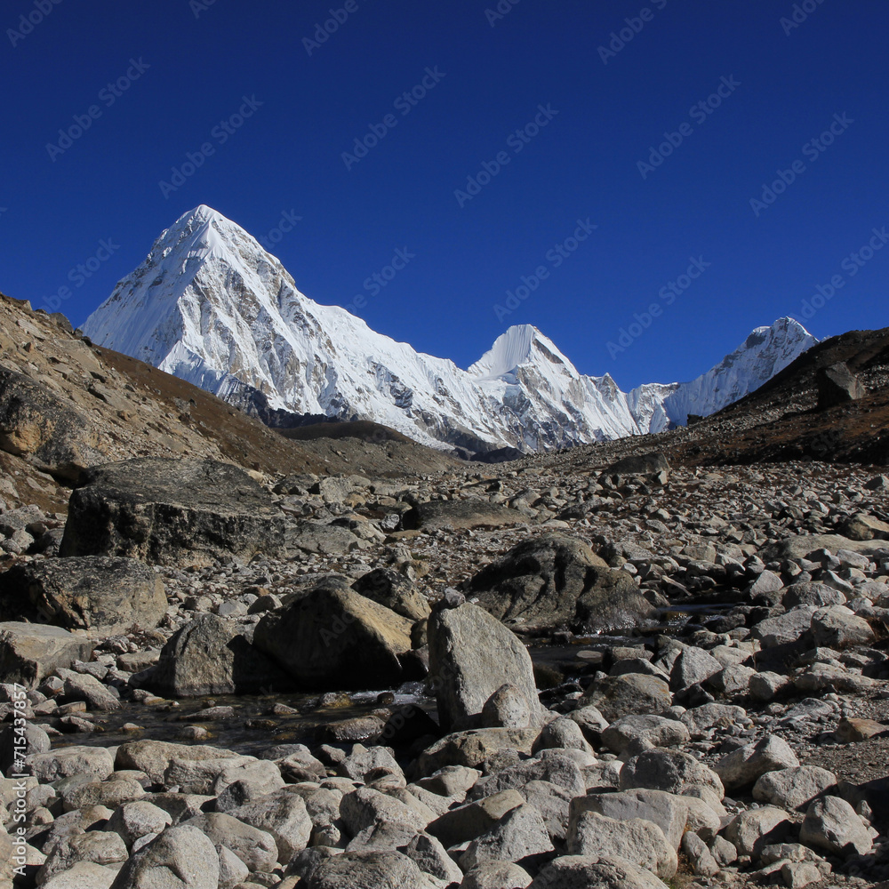Stony trail of the Everest Base Camp Trek and snow covered Mount Pumori, Nepal.