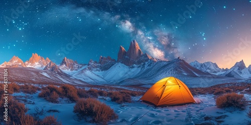 Tent under the starry night sky in the mountains, illuminated by the beauty of the Milky Way.