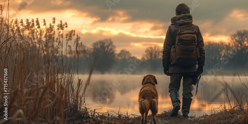 A man and his faithful dog enjoy a walk through a beautiful autumn landscape during sunset. photo