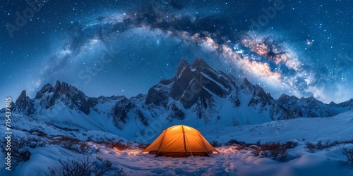 A breathtaking night mountaineering landscape with a tent under the starry sky, showing the beauty of the cosmic universe.
