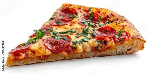 Delicious Italian pizza with pepperoni, mozzarella and fresh basil on a white background.