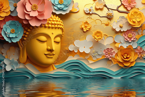 golden Buddha face colorful paper cut clouds and colorful blossom flowers, nature background