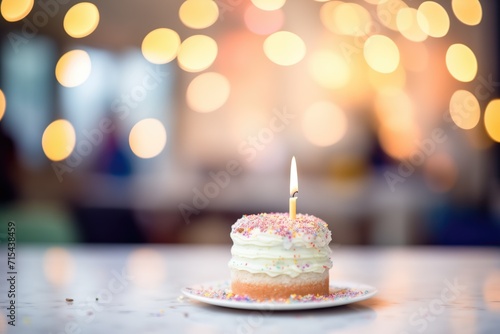 cake with a lit birthday candle  unfocused background