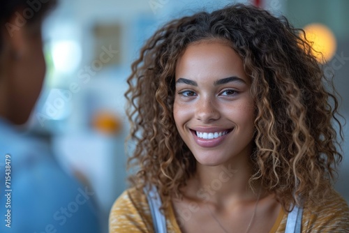 Happy young African woman with a beautiful, cheerful smile, exuding confidence and positivity in her interactions. © Iryna