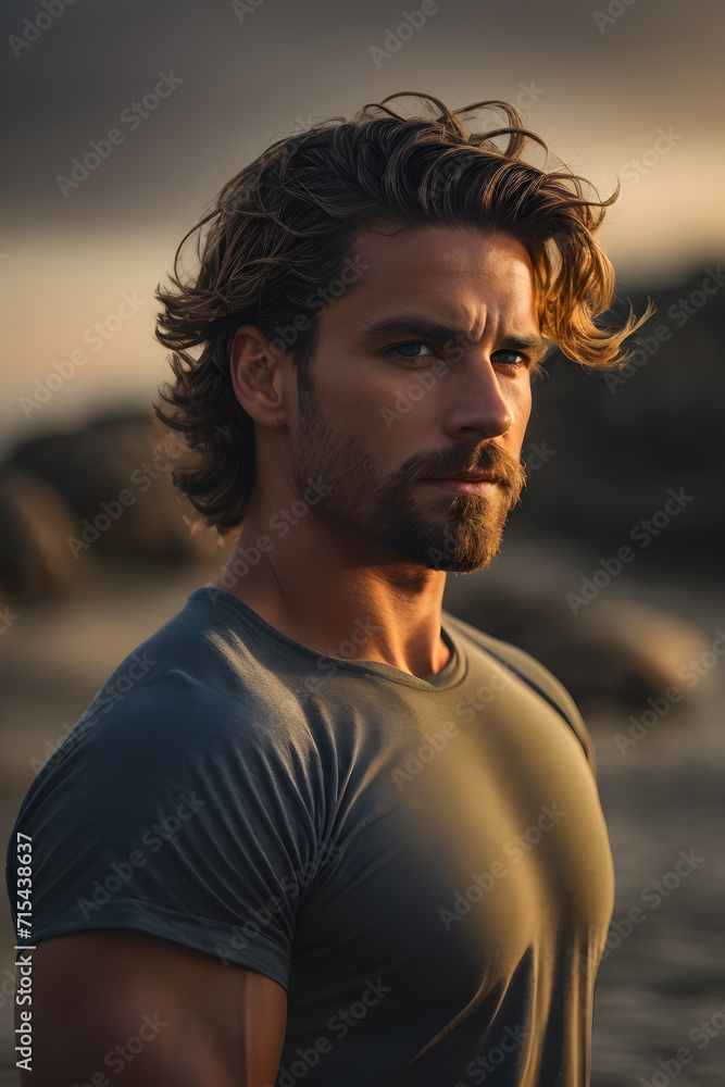 Man With Long Hair and Beard Standing on Beach. Generative AI. Man With Long Hair and Beard Standing on Beach. Generative AI.