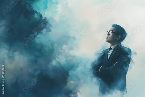 Picture of a man lost in thought, surrounded by a sad mist. Showing the idea of feeling sad and deep in thought.