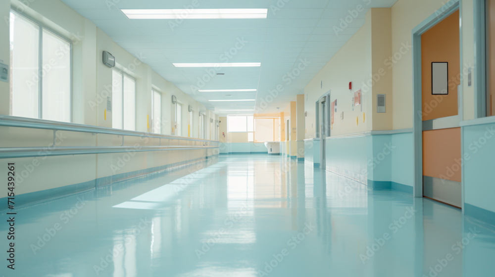 Obraz premium Long hospital bright corridor with rooms and seats 3D rendering