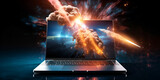 laptop with fire and smoke, Rocket coming out of laptop screen neon light, 