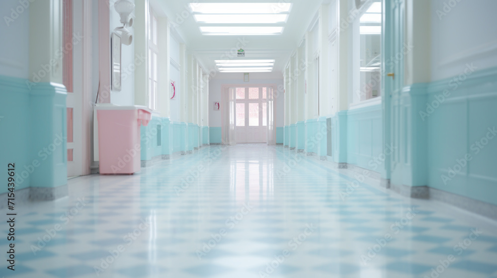 Long hospital bright corridor with rooms and seats 3D rendering Long hospital bright corridor with rooms and seats 3D rendering