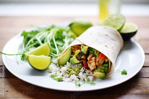 chicken burrito with avocado and rice on a white plate