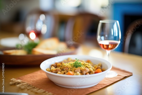 cassoulet ready to eat beside a glass of wine