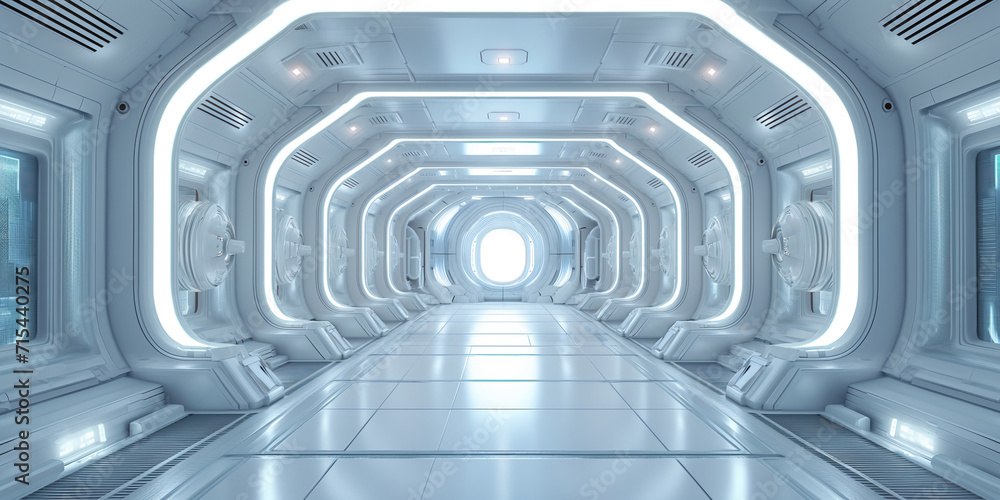 White corridor, tunnel in spaceship or future building