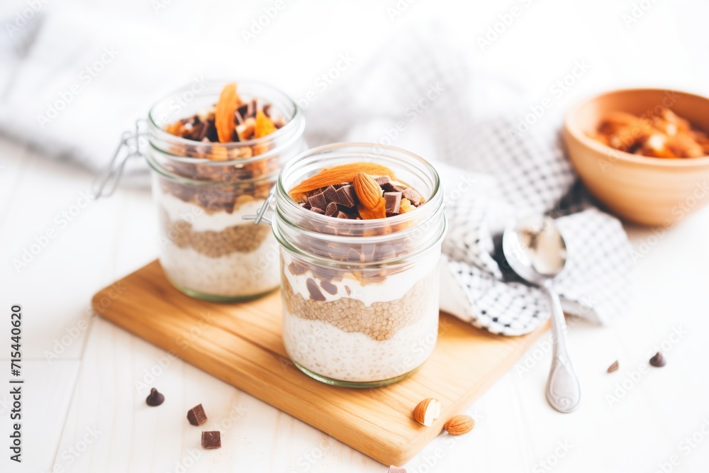 vanilla chia seed pudding with chocolate chips, almond toppings vanilla chia seed pudding with chocolate chips, almond toppings