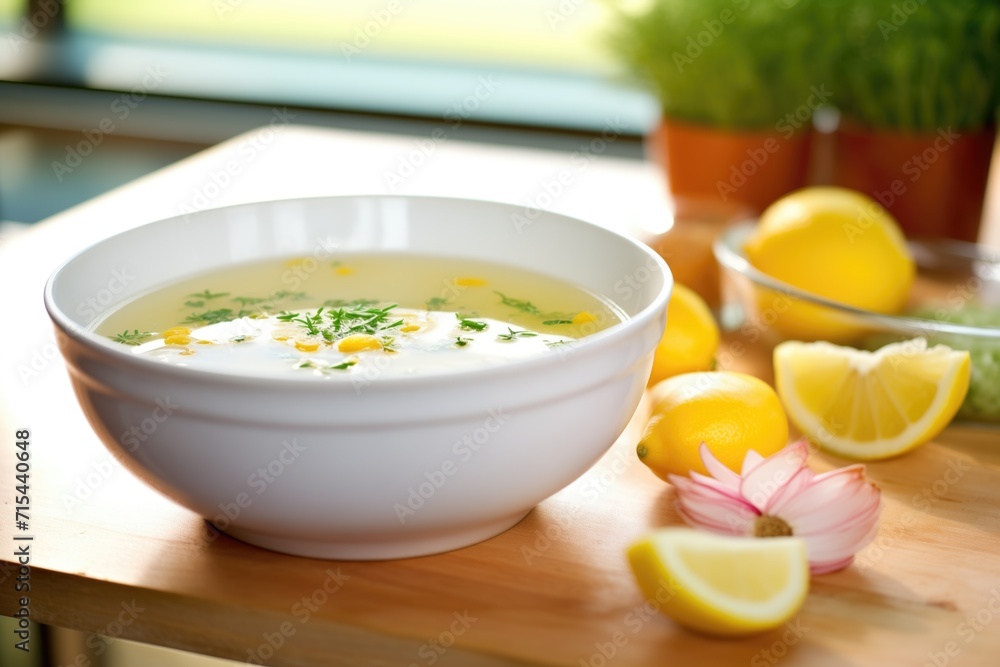 bowl of soup with fresh thyme and lemon wedge garnishes bowl of soup with fresh thyme and lemon wedge garnishes