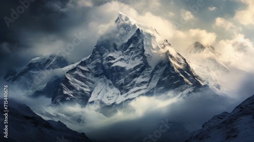 majestic mountain peak, snow, clouds, dramatic, nature photography, copy space, 16:9
