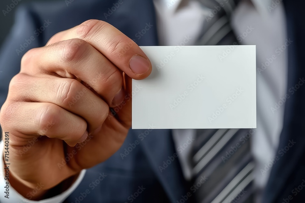 Businessman confidently displays a blank business card, emphasizing professionalism and success in a corporate setting Businessman confidently displays a blank business card, emphasizing professionalism and success in a corporate setting