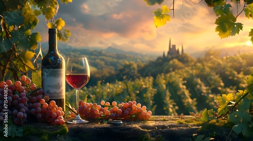 wine bottle and grapes, a bottle of wine and a glass of wine on a table in a vineyard with a view of the countryside