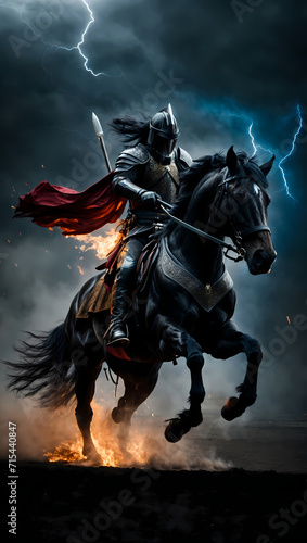The Nightmarish Steed. A mysterious rider on a ghostly horse. Black horseman of apocalypse riding black horse