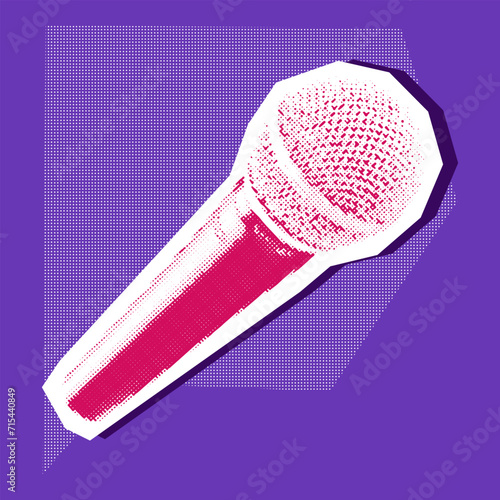 A rocker microphone with a collage in the style of grunge-pop-art-rock. Pink and white picture on blue. The item looks like a clipping from a magazine. Bright large and small dots create the shape