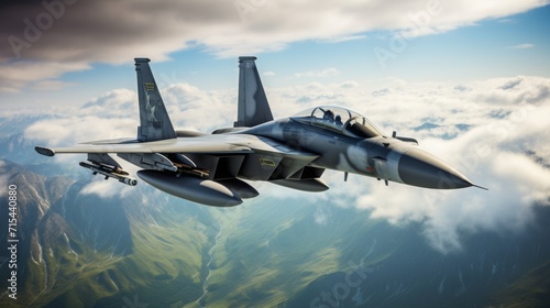 photo realistic fighter military jet, flying high, copy space, 16:9 photo
