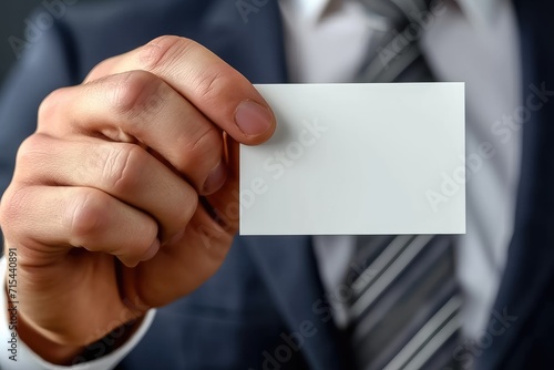 Businessman confidently displays a blank business card, emphasizing professionalism and success in a corporate setting