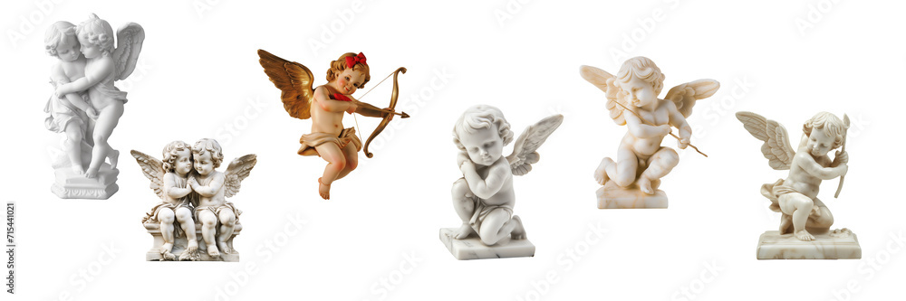 Fototapeta premium A collection of five cupid and angel figurines, potentially related to Valentine's Day, depicted in various poses and styles against a transparent background
