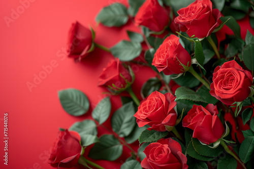 A bouquet of vibrant red roses with lush green leaves against a red background, symbolizing romance, typically associated with Valentine's Day
