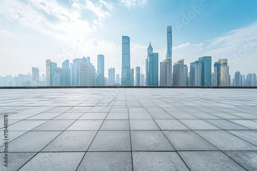 Empty square floor and modern city skyline with building in China. © imlane