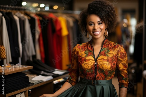 Une femme souriante dans un magasin de vêtement photo