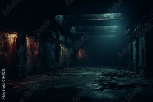 empty dark room with old and damaged walls, night scene with neon light. halloween, scary background.