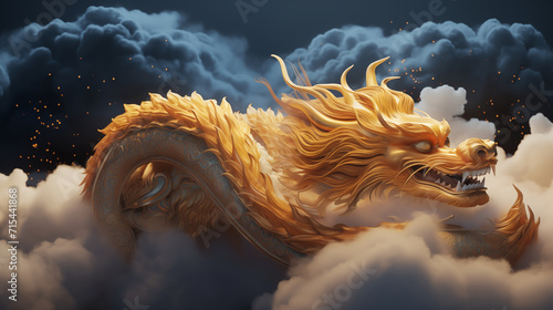 Chinese dragon flying on clouds, and Chinese gold dragon with translucent textures in cosmic art, swirls, anime © HappyPICS