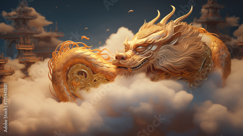 Chinese dragon sleeping on clouds, and Chinese gold dragon with translucent textures in cosmic art, swirls, anime aesthetics, furry art and elaborate © HappyPICS
