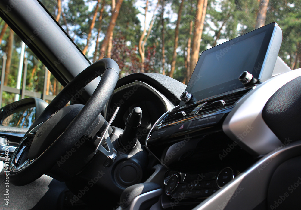 Bottom view of steering wheel and central dashboard of car parked in forest 
