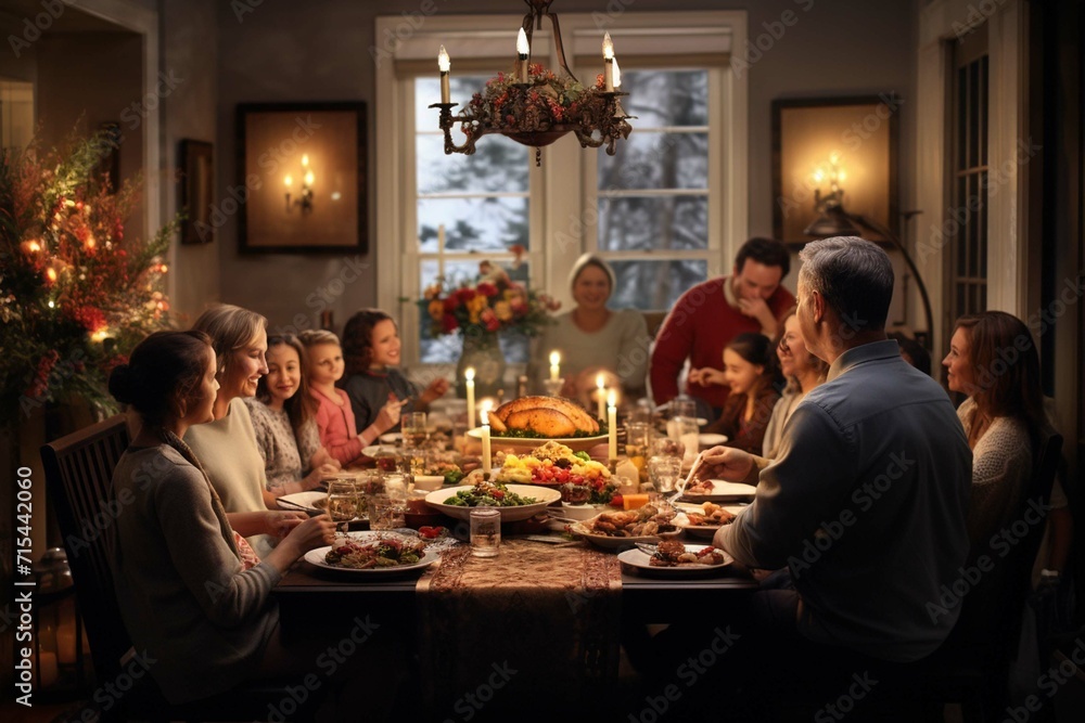 
Family and Friends Gather at Home for a Traditional Christmas Dinner with a Turkey Roast. Living Room is Crowded with Senior and Young Adults Enjoying Holiday Dishes