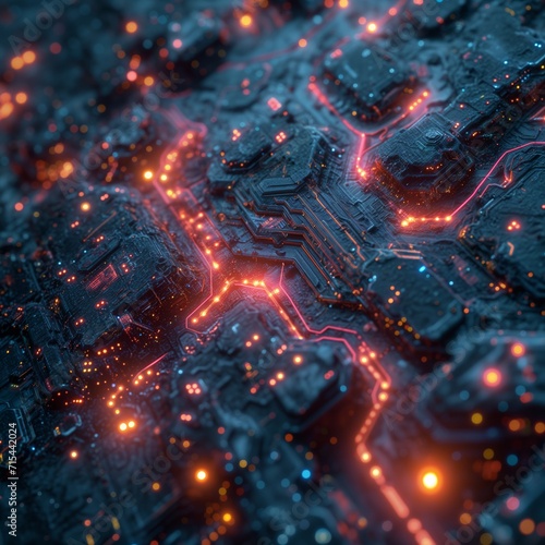 Technology circuit board intertwined networks in nature. The style of glowing colors and atmospheric abstraction with depth of field. Aerial view with light red and dark indigo colors