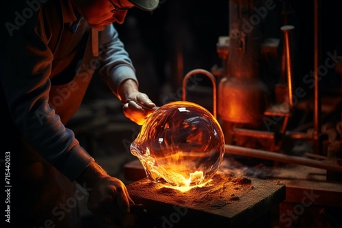 
Faceless craftsman heating piece of molten glass on blowpipe while working in manufacture studio