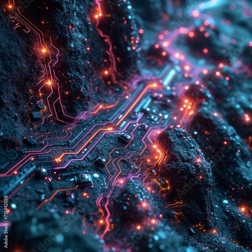 Technology circuit board intertwined networks in nature. The style of glowing colors and atmospheric abstraction with depth of field. Aerial view with light red and dark indigo colors