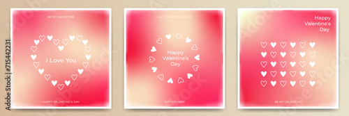 Set of Valentine's Day postcard templates in modern style. Holiday posters with pink gradient in minimalism style for flyer, cover, invitation, social media post, banner.