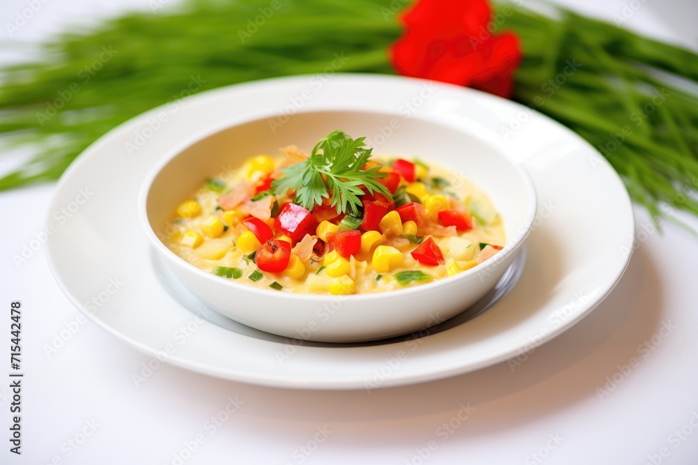 corn chowder with diced red pepper garnish corn chowder with diced red pepper garnish