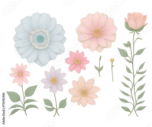 Set of pastel flowers isolated on white,flower clipart collection