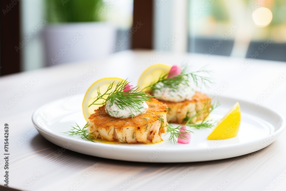 crab cakes on white plate with lemon and dill garnish crab cakes on white plate with lemon and dill garnish