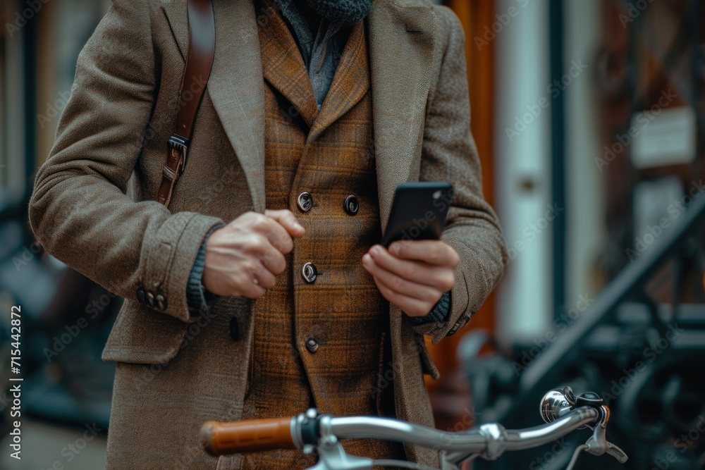 male cyclist sitting outdoors and holding smartphone. male cyclist sitting outdoors and holding smartphone.