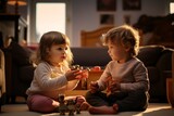 
Female toddler playing with baby brother in living room