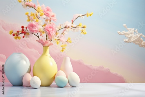 Soft hues of pink  blue  and yellow converge  providing an idyllic Easter background for advertising creativity.